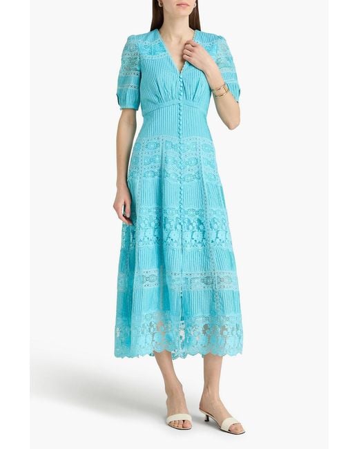 Saloni Blue Lea Lace-Paneled Cotton Midi Dress
