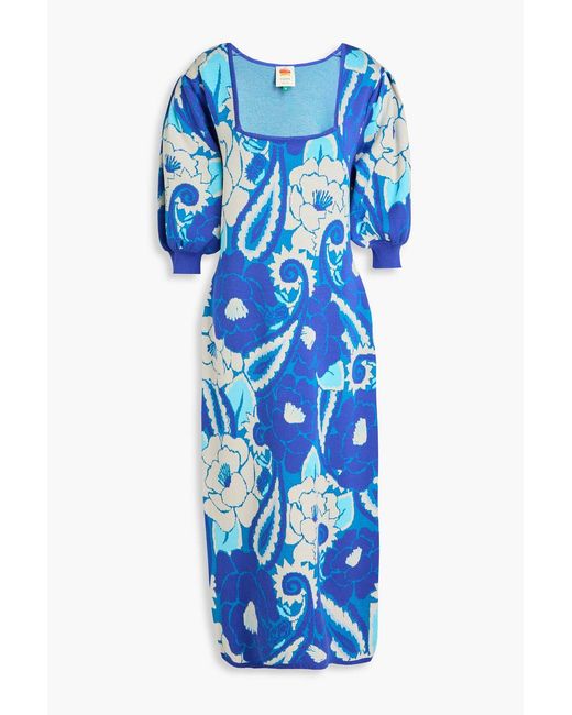 Farm Rio Blue Jacquard-Knit Midi Dress