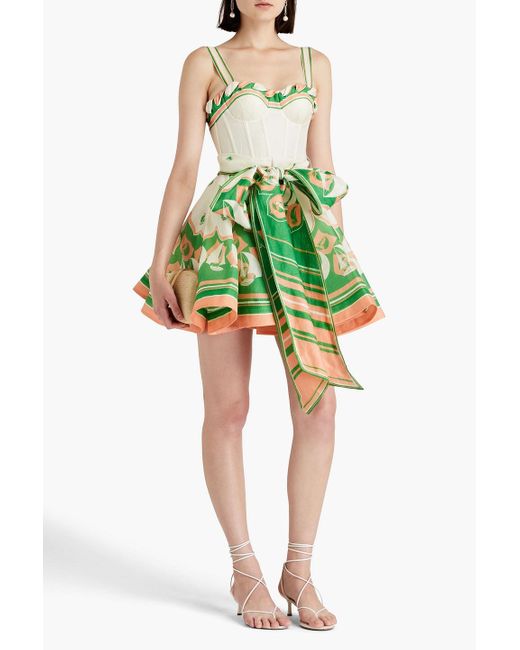 Zimmermann Green Belted Printed Linen And Silk-blend Mini Dress