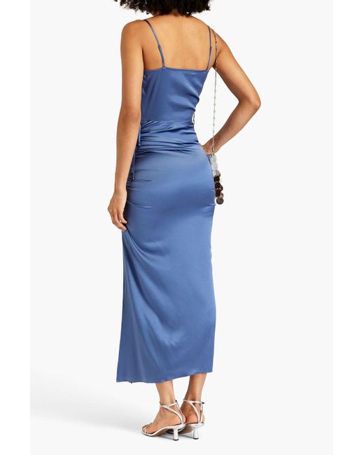 Veronica Beard Blue Ruched Silk-blend Satin Maxi Slip Dress