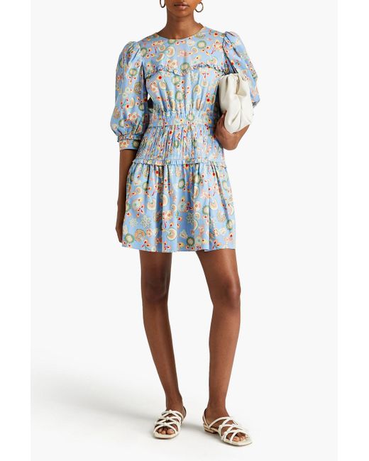 Diane von Furstenberg Blue Gathered Floral-print Cotton-blend Poplin Mini Dress