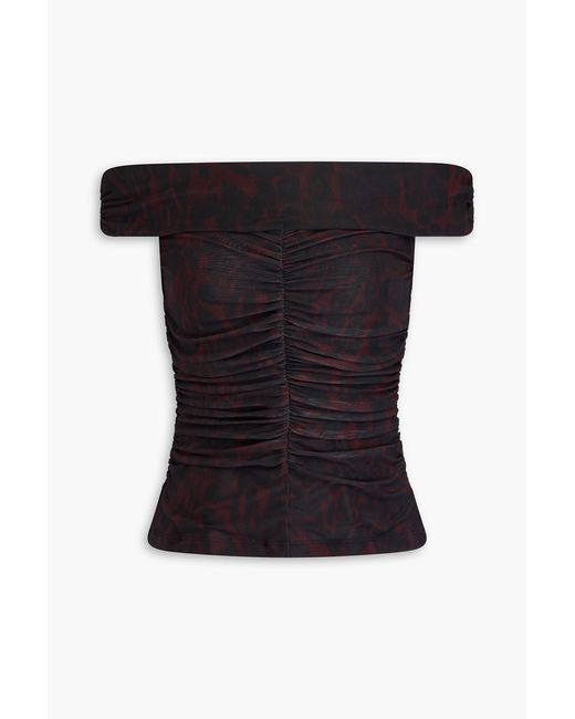 Ganni Black Off-The-Shoulder Ruched Leopard-Print Mesh Top