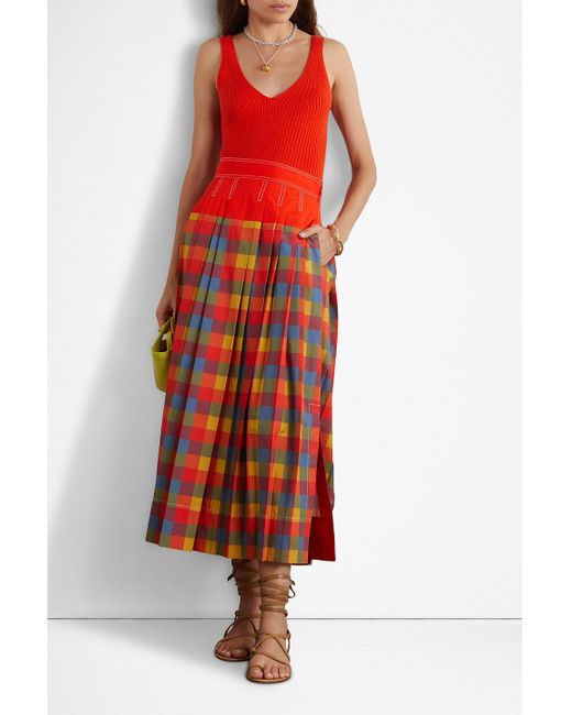 Tory Burch Red Veronica Pleated Checked Cotton-poplin Maxi Skirt