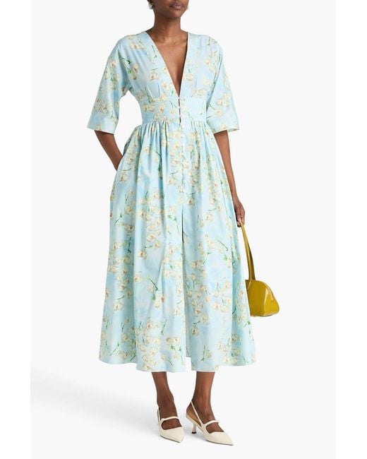 Emilia Wickstead Blue Elowen Pleated Floral-print Cotton-poplin Midi Dress