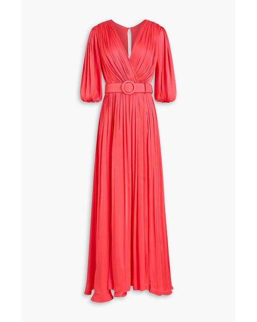 Costarellos Red Belted Metallic Georgette Maxi Dress