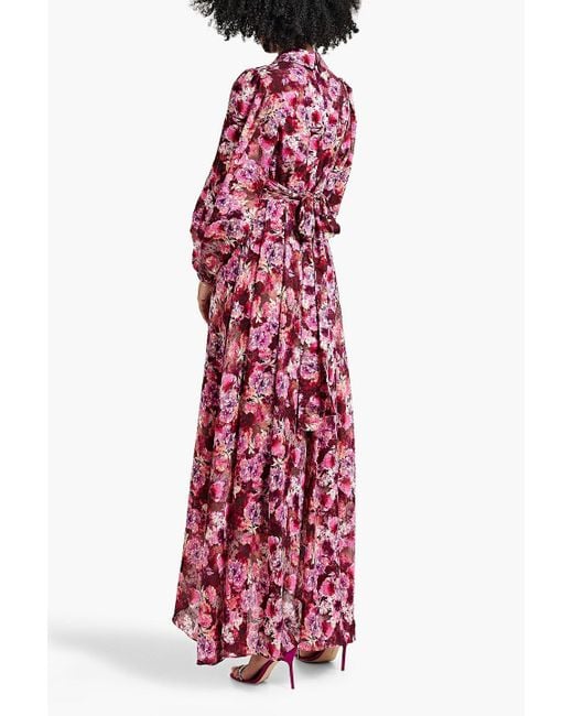 Mikael Aghal Red Wrap-effect Floral-print Fil Coupé Chiffon Maxi Dress