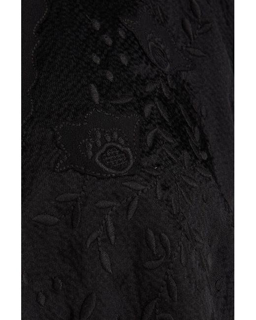 Saloni Black Lea Embroidered Hammered Silk-satin Midi Dress