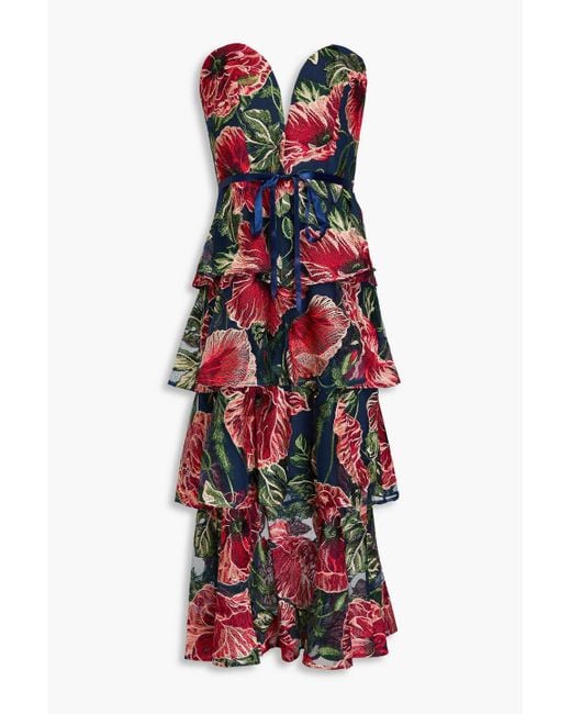 Marchesa Strapless Tiered Embroidered Tulle Midi Dress