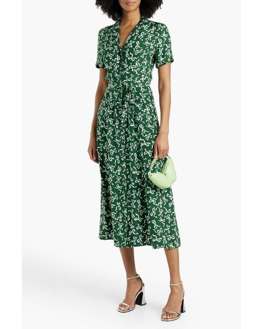 HVN Green Maria Printed Silk-satin Midi Shirt Dress