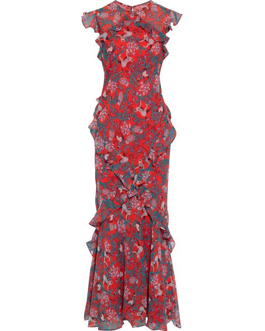 Saloni Red Tamara B Ruffled Printed Silk Crepe De Chine Maxi Dress