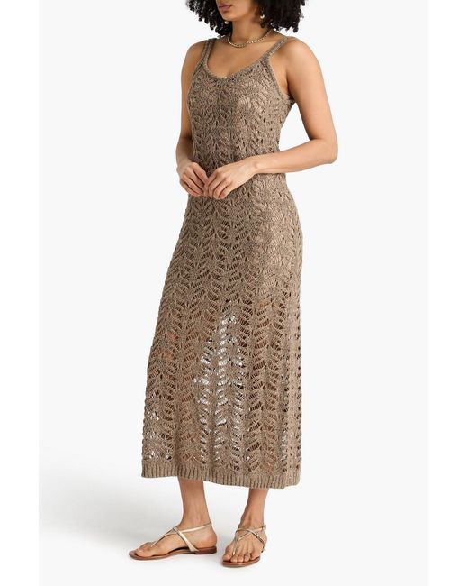 Brunello Cucinelli Natural Sequin-Embellished Open-Knit Linen-Blend Midi Dress