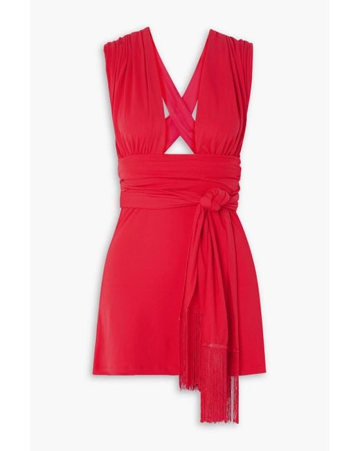 Leslie Amon Red Amina Tie-detailed Fringed Stretch-jersey Mini Dress