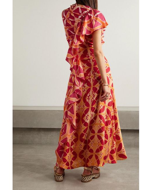Ulla Johnson Red Lali Ruched Ruffled Printed Silk Maxi Dress