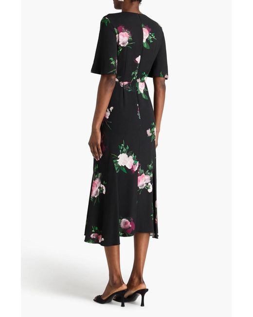 Erdem Black Pleated Floral-print Stretch-cady Midi Dress