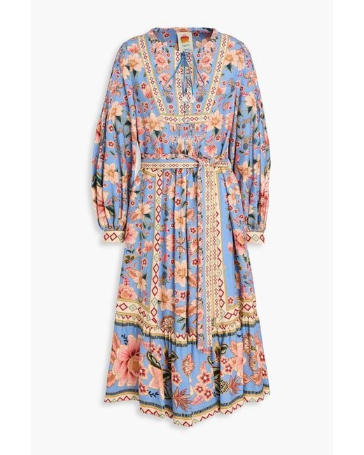 Farm Rio White Floral-print Linen-blend Midi Dress