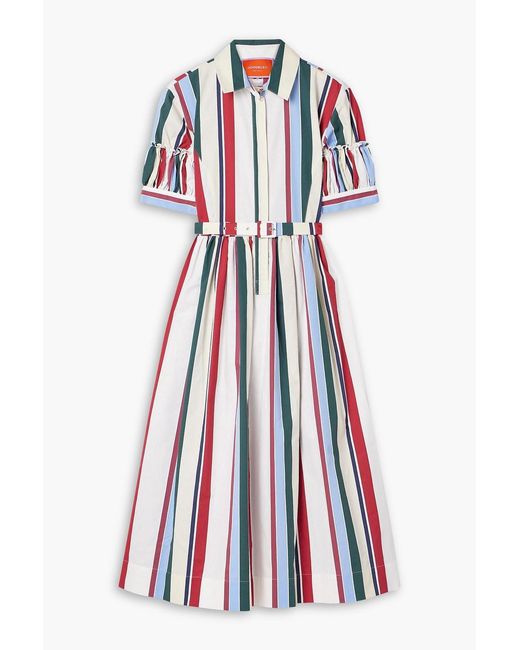 LaDoubleJ Libertine Belted Gathered Striped Cotton-Blend Poplin Midi Shirt Dress