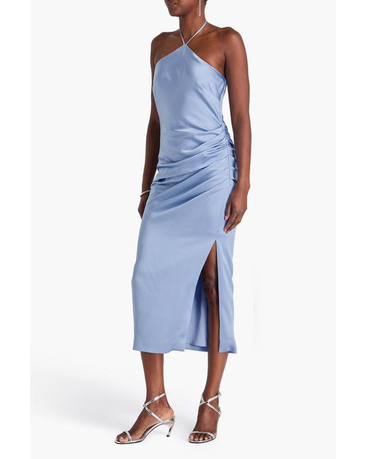 Jonathan Simkhai Blue Ruched Satin-Crepe Halterneck Midi Dress