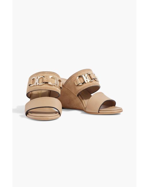 Ferragamo White Chaim 70 Embellished Leather And Suede Wedge Mules