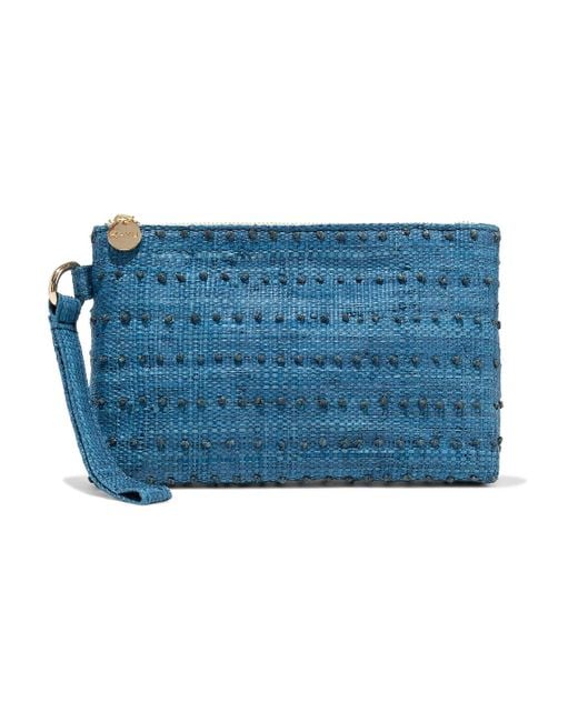 Kayu Blue June Embroidered Woven Straw Pouch