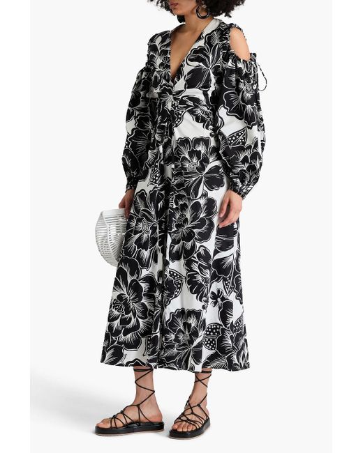 Farm Rio Black Cold-shoulder Floral-print Cotton-sateen Midi Dress