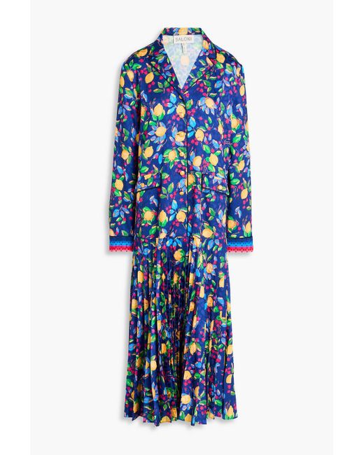 Saloni Blue Sonia Printed Satin-Jacquard Midi Shirt Dress