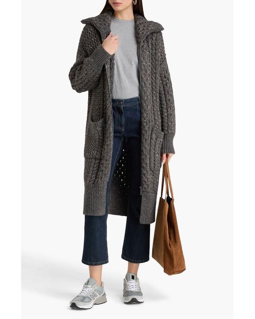Brunello Cucinelli Gray Sequin-Embellished Cable-Knit Cashmere Cardigan