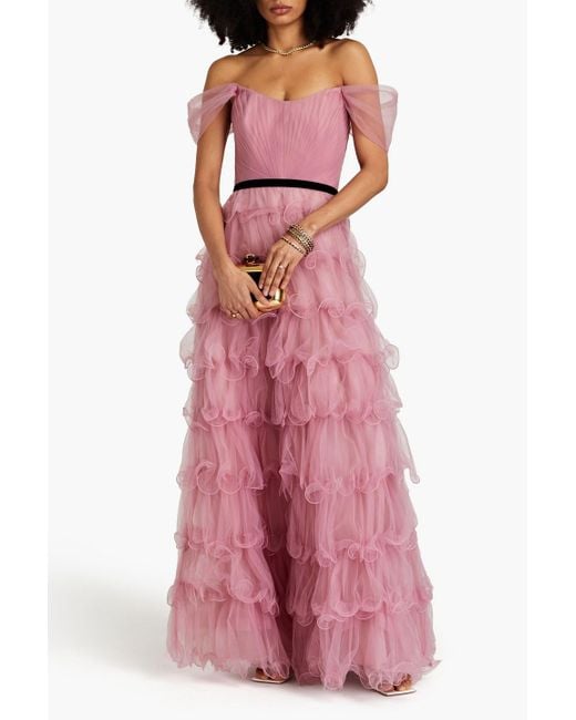 Marchesa Pink Off-the-shoulder Tiered Tulle Gown