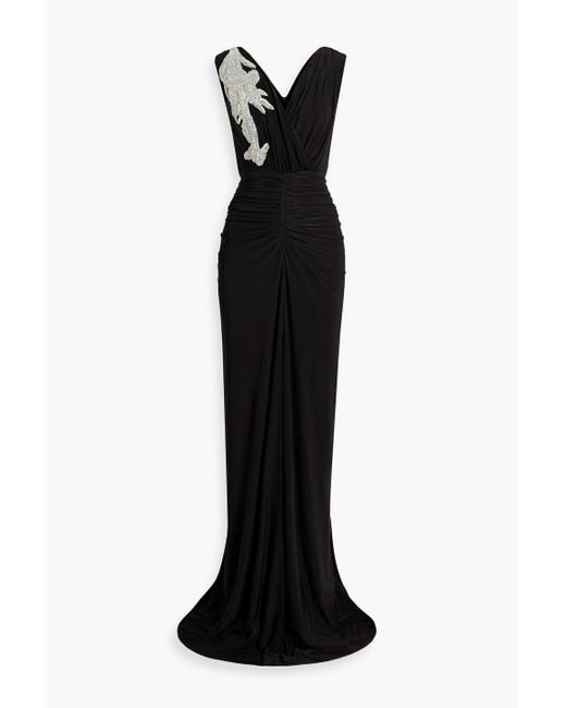Rhea Costa Black Bead-embellished Ruched Jersey Gown