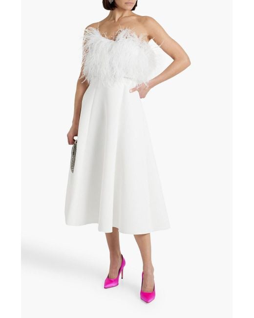 Badgley Mischka White Strapless Belted Faux Feather-embellished Scuba Midi Dress