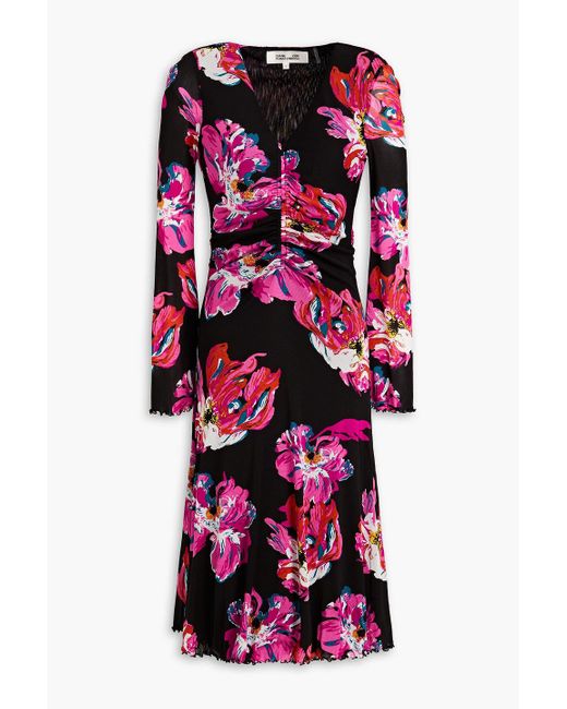 Diane von Furstenberg Pink Hildy Ruched Floral-print Stretch-mesh Dress