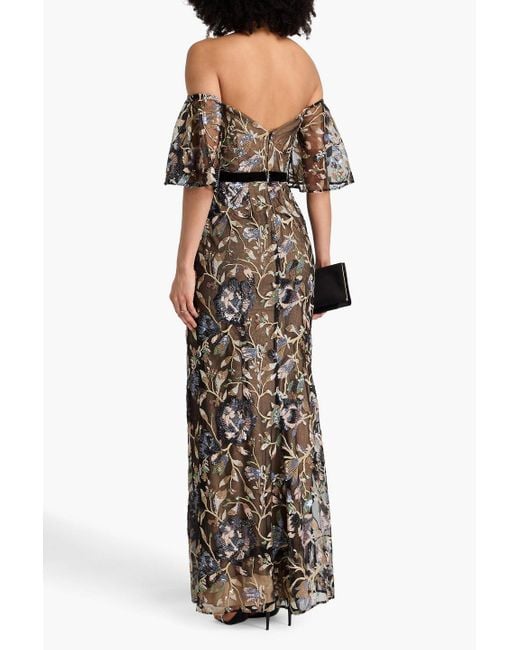 Marchesa Black Off-The-Shoulder Embellished Tulle Gown
