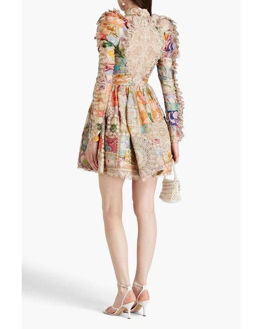 Zimmermann Multicolor Lace-paneled Floral-print Linen And Silk-blend Mini Dress