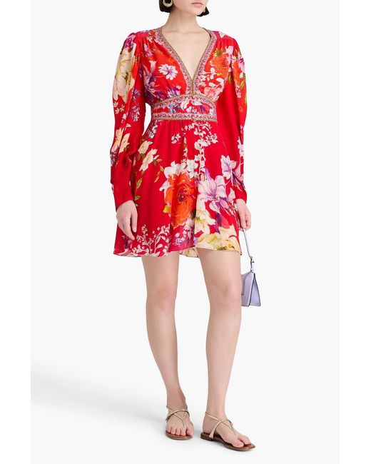 Camilla Red Crystal-Embellished Floral-Print Silk Crepe De Chine Mini Dress