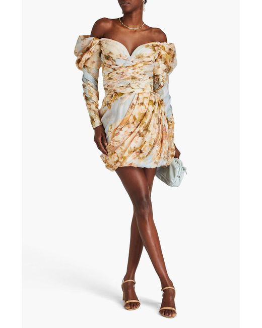 Zimmermann Natural Draped Floral-print Linen And Silk-blend Gauze Mini Skirt