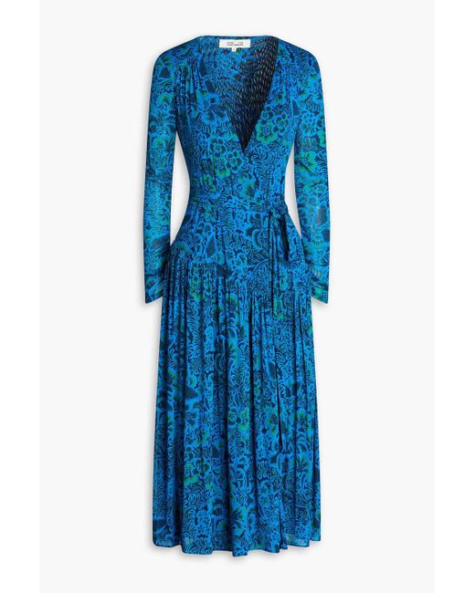 Diane von Furstenberg Blue Printed Tulle Midi Wrap Dress