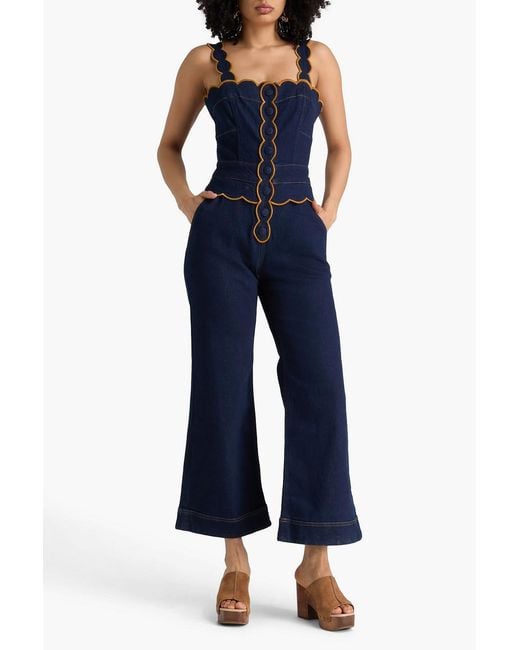 Farm Rio Blue Scalloped Cutout Denim Jumpsuit