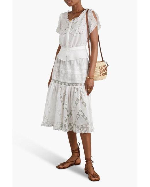 Loretta Caponi White Lucy Tiered Lace-trimmed Cotton-voile Midi Skirt