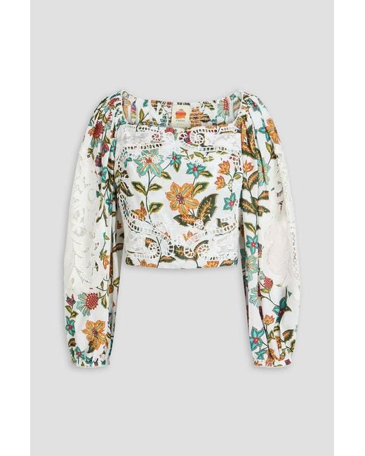 Farm Rio White Cropped Lace-paneled Floral-print Cotton-mousseline Top