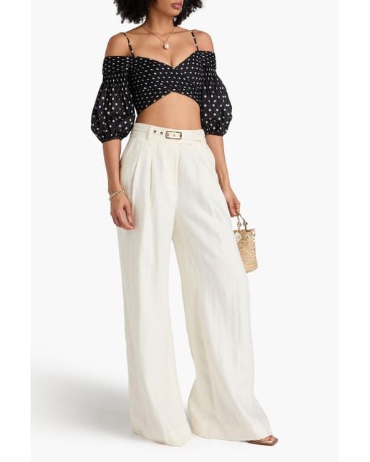 Zimmermann Black Cropped Cold-shoulder Pleated Polka-dot Organza Top