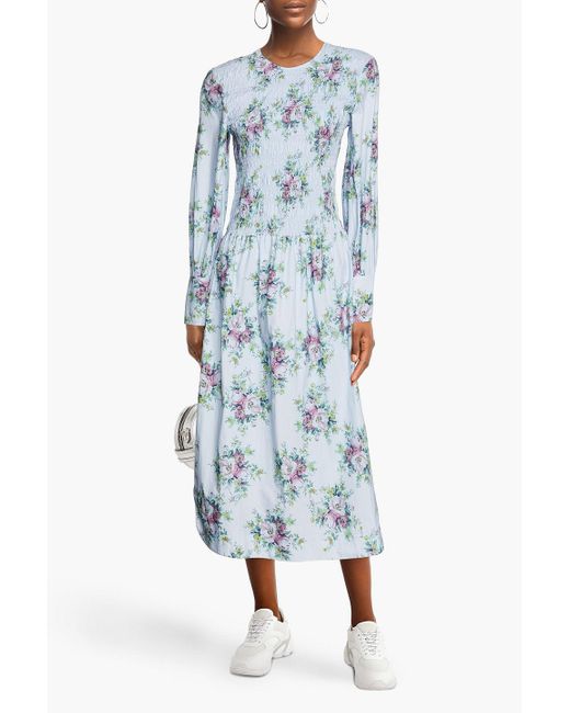 Ganni Shirred Floral print Organic Cotton poplin Midi Dress in