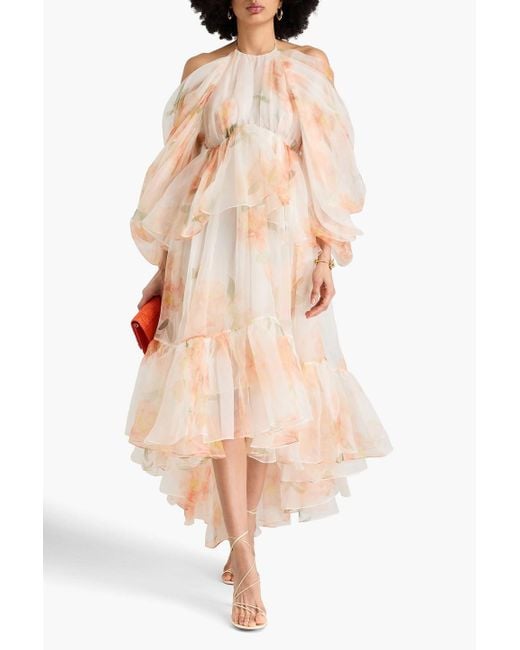 Zimmermann Pink Cold-Shoulder Ruffled Floral-Print Silk-Organza Maxi Dress