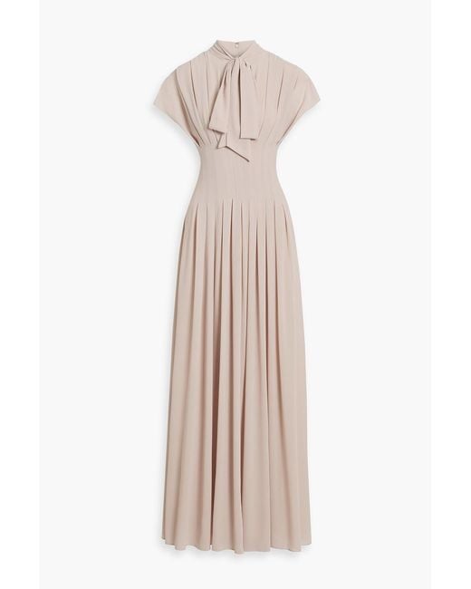 Mikael Aghal Natural Pussy-Bow Pleated Chiffon Maxi Dress