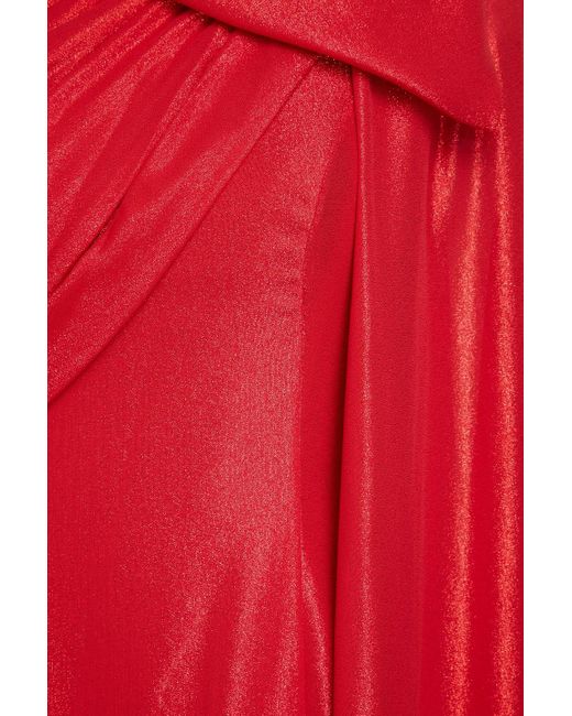Jenny Packham Red One-shoulder Bow-detailed Lamé Midi Dress