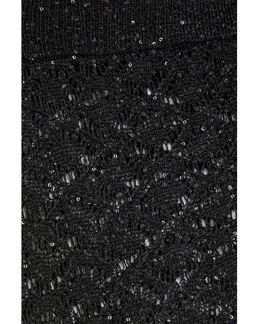 Staud Black Adrianna Sequin-Embellished Crochet-Knit Wide-Leg Pants