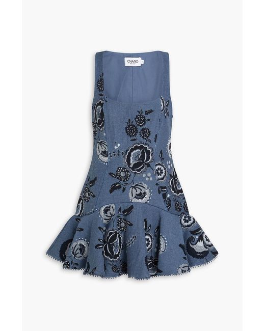 Charo Ruiz Blue Gery Fluted Cotton-Blend Floral-Jacquard Mini Dress