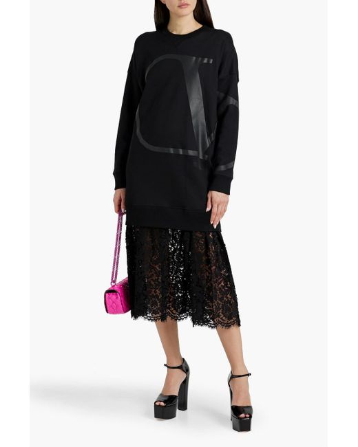Valentino Garavani Black Printed French Cotton-blend Terry And Corded Lace Midi Dress