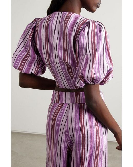 Lisa Marie Fernandez Purple Pouf Cropped Tie-front Striped Linen-blend Top