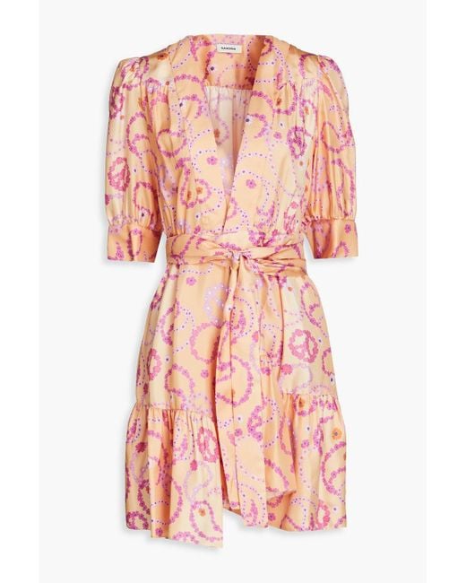 Sandro Pink Gathered Floral-print Silk-twill Mini Wrap Dress
