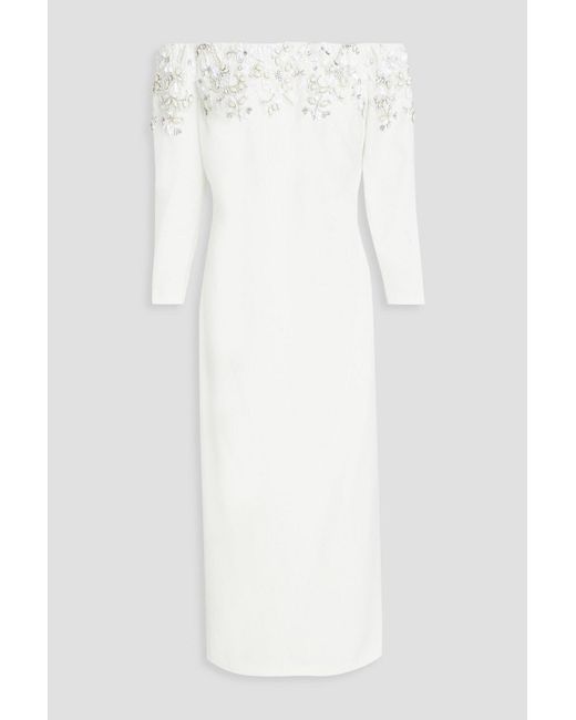 Badgley Mischka White Off-the-shoulder Embellished Crepe Midi Dress