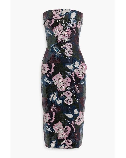 Badgley Mischka Blue Strapless Sequined Mesh Midi Dress
